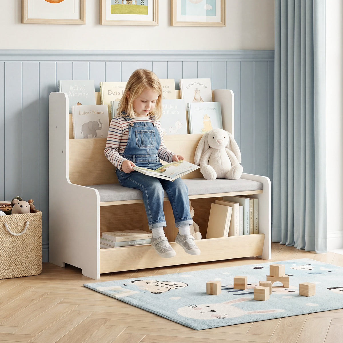 Kids Reading Nook with Bench Toddler Toy Storage Organizer with Bookshelf and 2 Cubbies-White