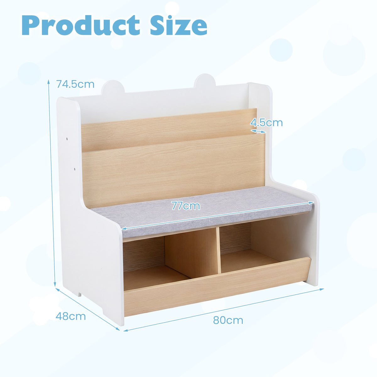 Kids Reading Nook with Bench Toddler Toy Storage Organizer with Bookshelf and 2 Cubbies-White