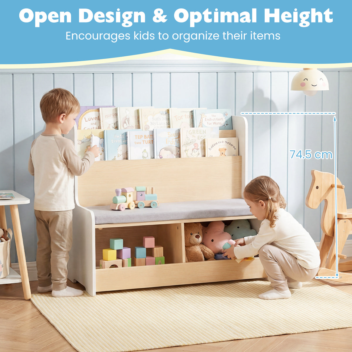 Kids Reading Nook with Bench Toddler Toy Storage Organizer with Bookshelf and 2 Cubbies-White