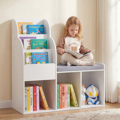 Kids Reading Nook with Bench Wooden Toddler Bookcase with 3 Storage Cubbies-White