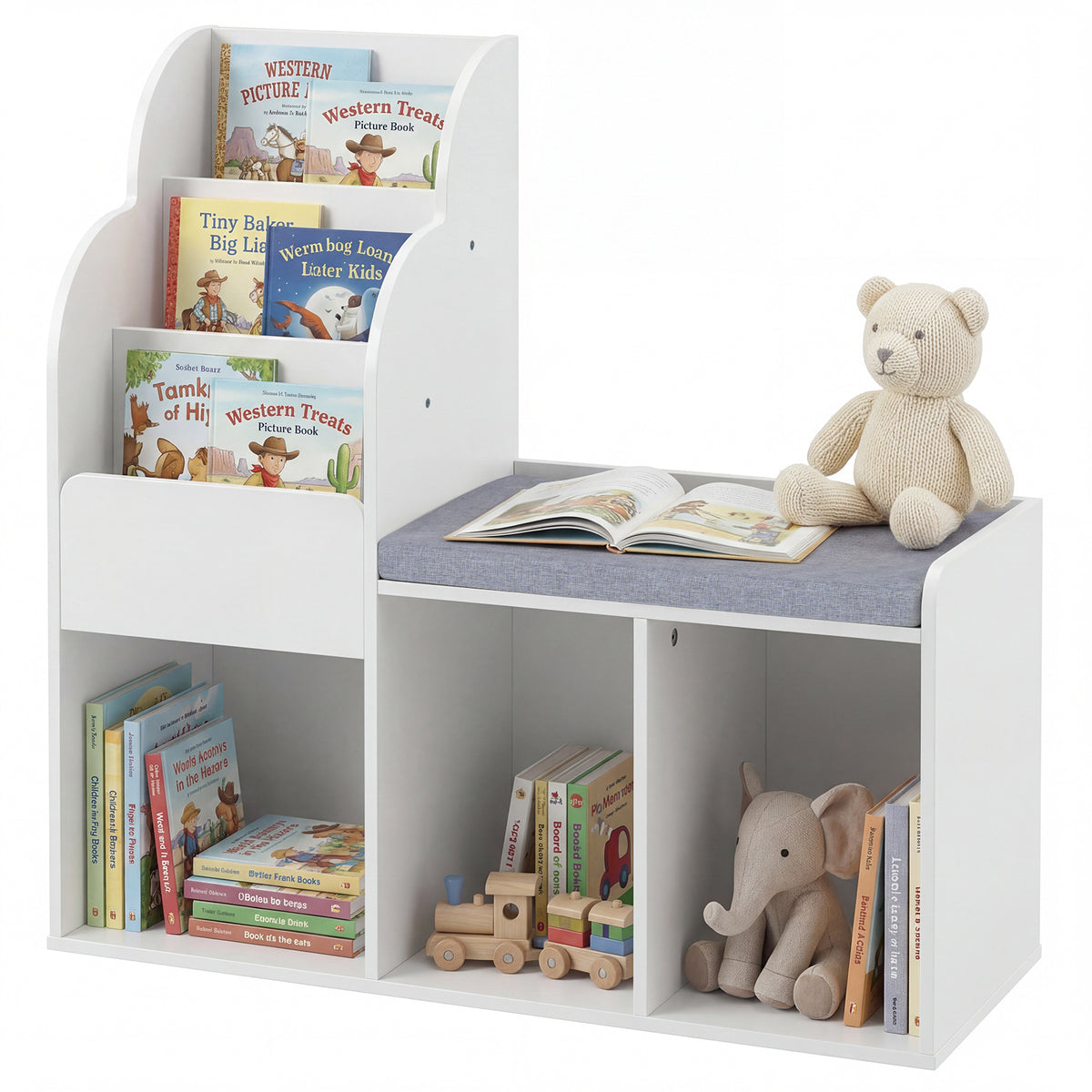 Kids Reading Nook with Bench Wooden Toddler Bookcase with 3 Storage Cubbies-White
