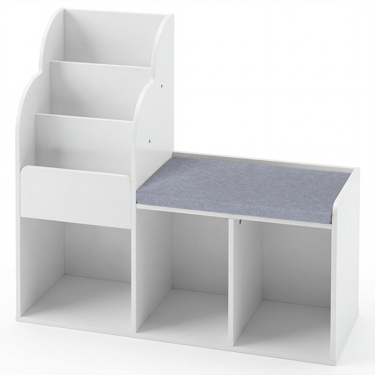 Kids Reading Nook with Bench Wooden Toddler Bookcase with 3 Storage Cubbies-White