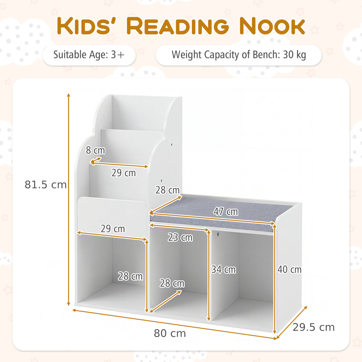 Kids Reading Nook with Bench Wooden Toddler Bookcase with 3 Storage Cubbies-White
