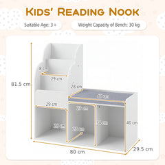 Kids Reading Nook with Bench Wooden Toddler Bookcase with 3 Storage Cubbies-White