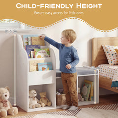 Kids Reading Nook with Bench Wooden Toddler Bookcase with 3 Storage Cubbies-White