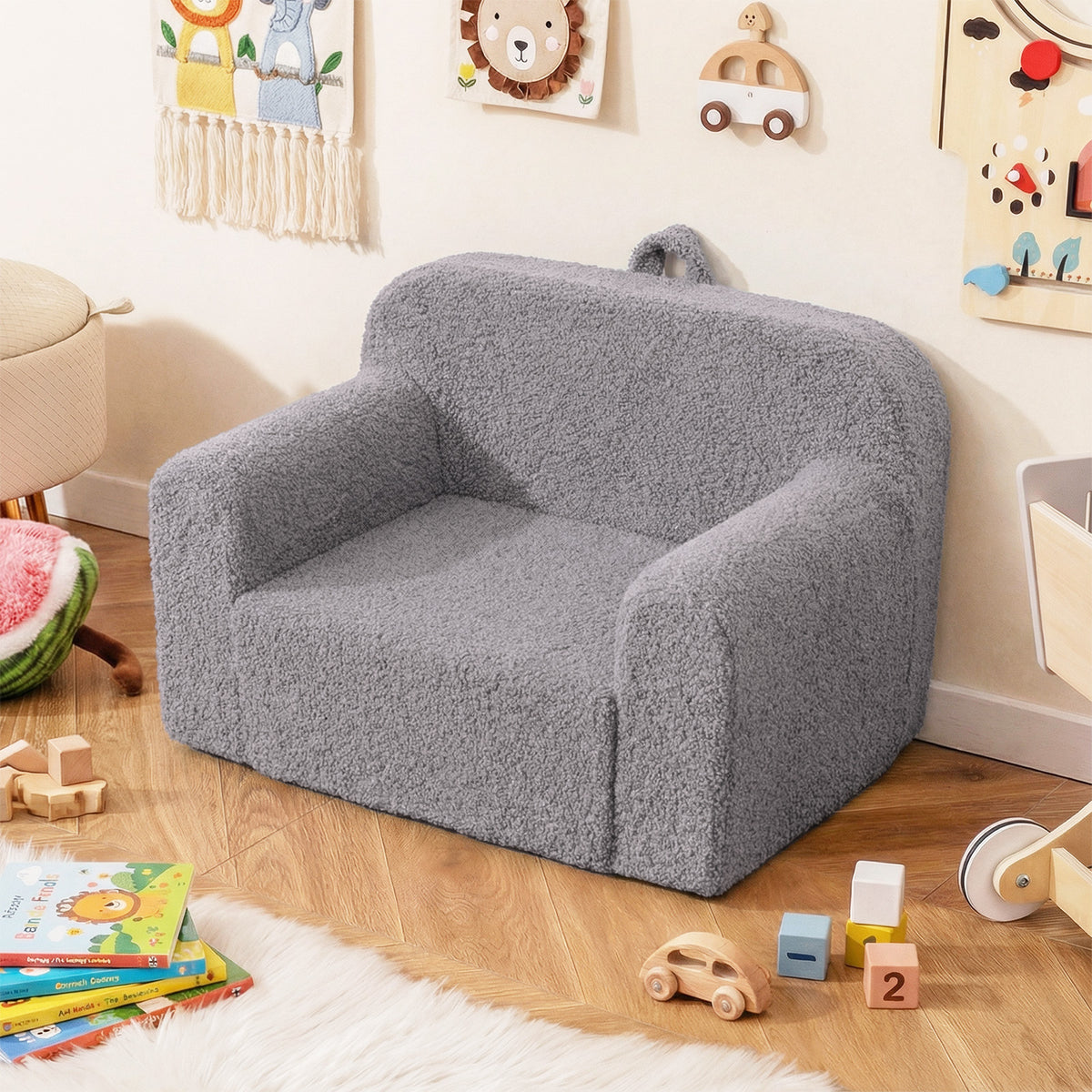 Kids Reading Sofa with Soft Fleece Fabric Cover-Grey