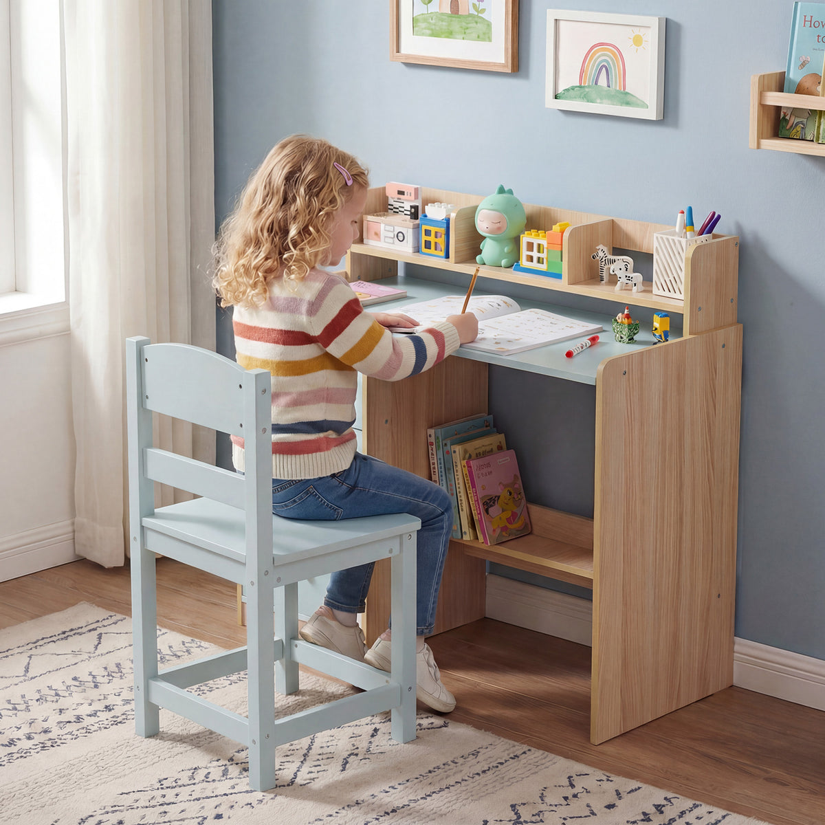 Kids Study Desk and Chair Set Wooden Children Writing Desk with Hutch-Light Blue