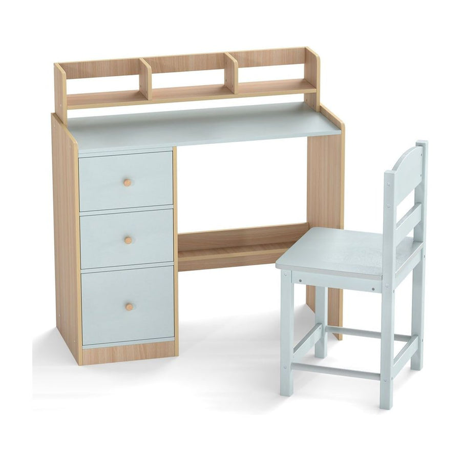 Kids Study Desk and Chair Set Wooden Children Writing Desk with Hutch-Light Blue