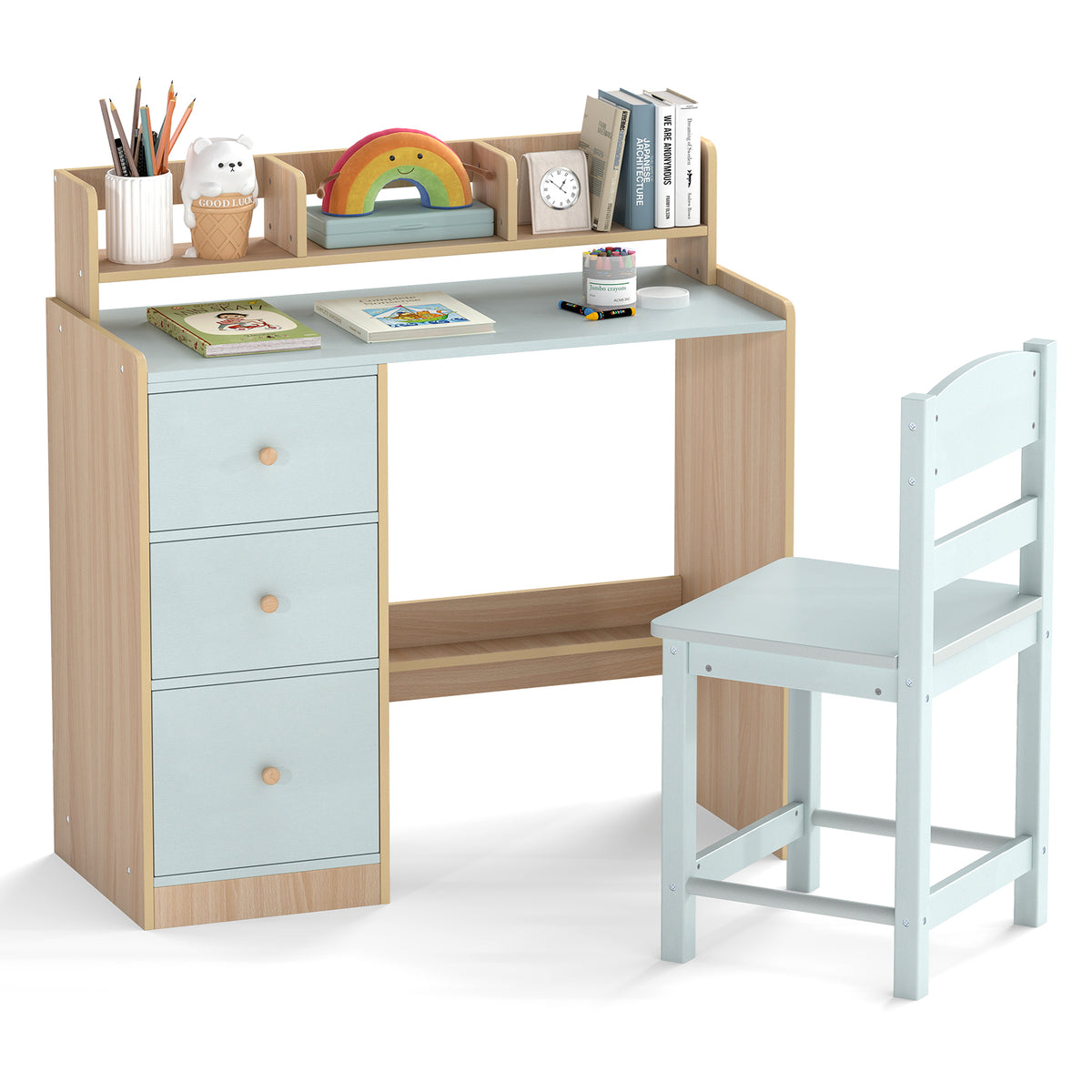 Kids Study Desk and Chair Set Wooden Children Writing Desk with Hutch-Light Blue