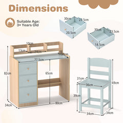 Kids Study Desk and Chair Set Wooden Children Writing Desk with Hutch-Light Blue