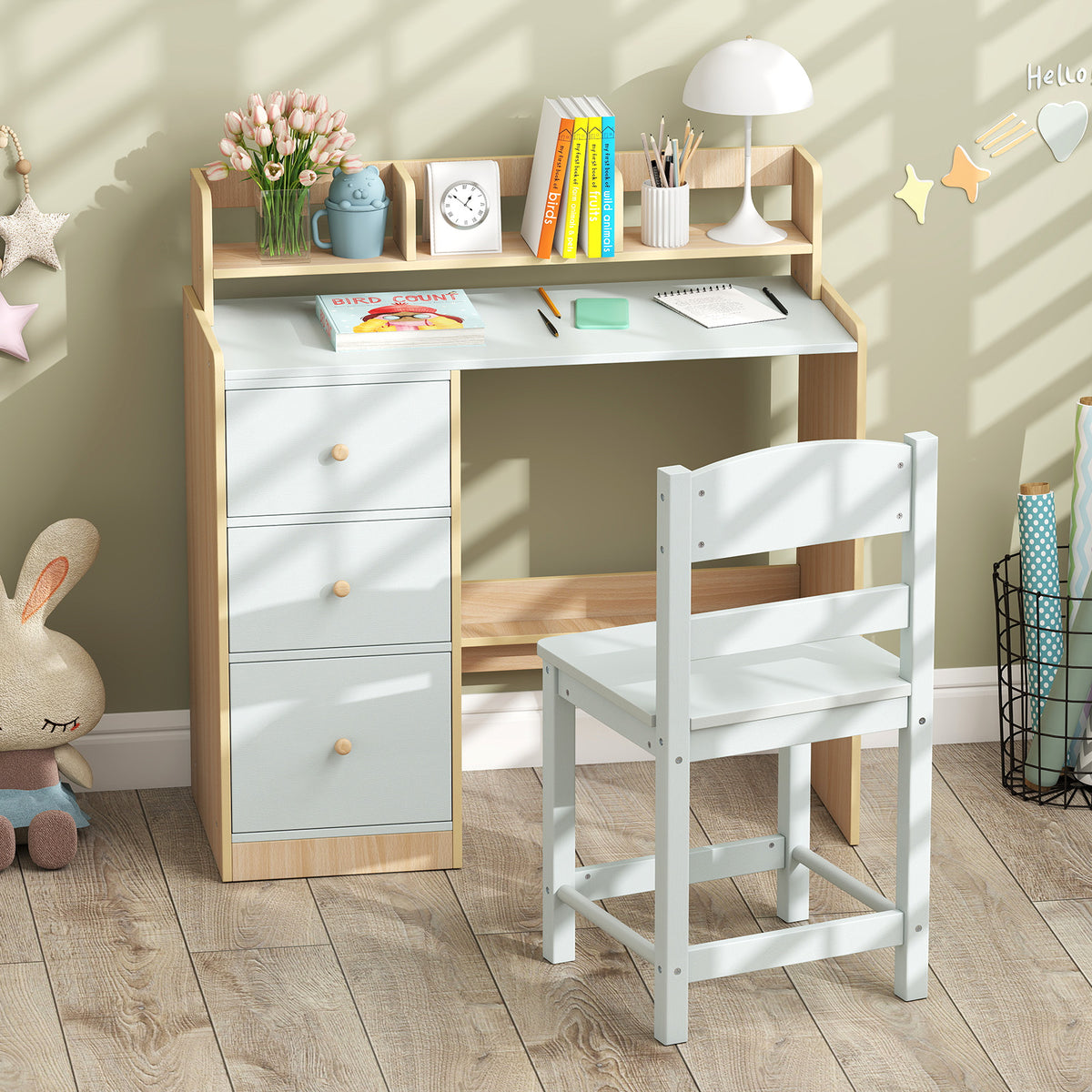 Kids Study Desk and Chair Set Wooden Children Writing Desk with Hutch-Light Blue
