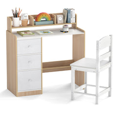 Kids Study Desk and Chair Set Wooden Children Writing Desk with Hutch-Natural