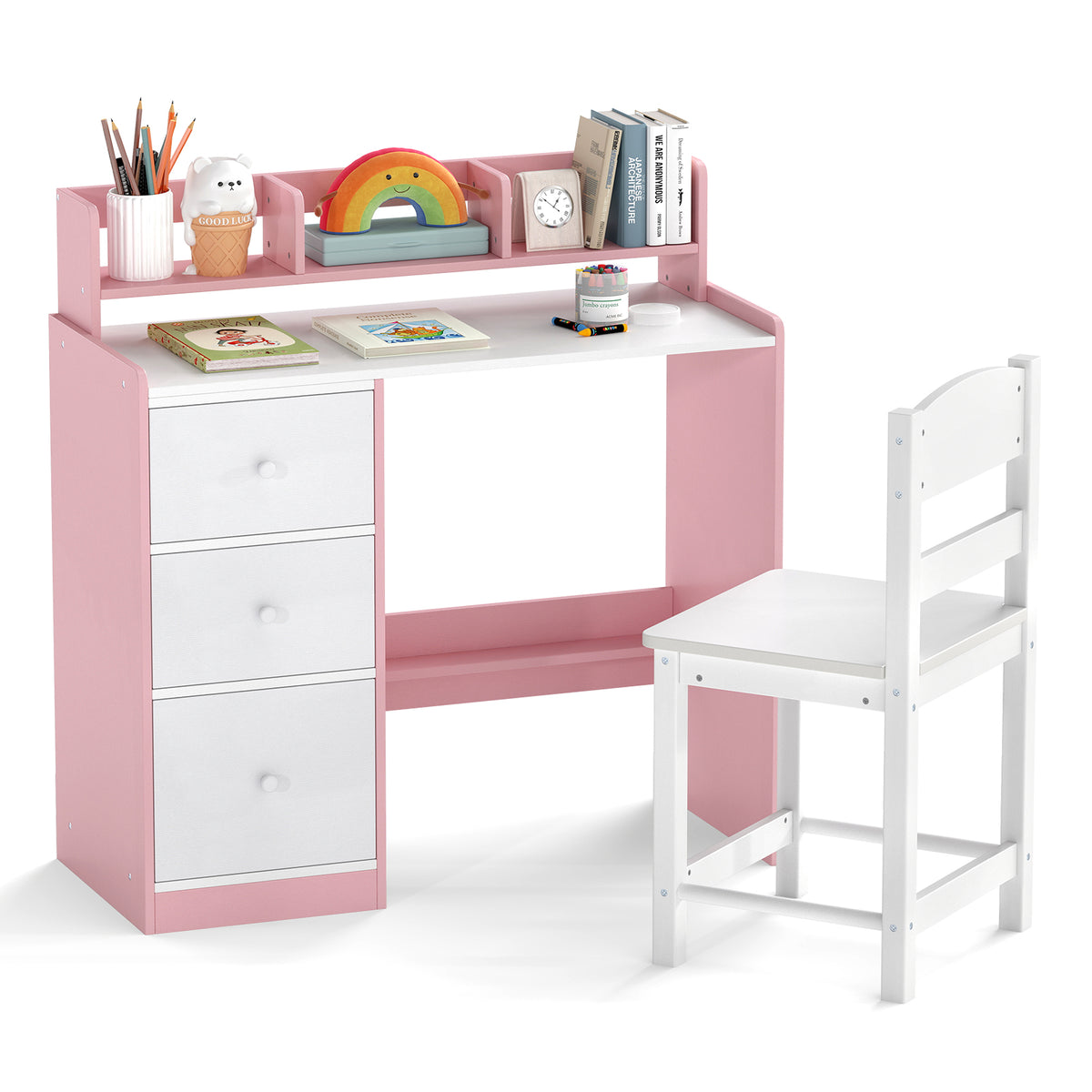 Kids Study Desk and Chair Set Wooden Children Writing Desk with Hutch-Pink