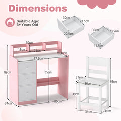 Kids Study Desk and Chair Set Wooden Children Writing Desk with Hutch-Pink