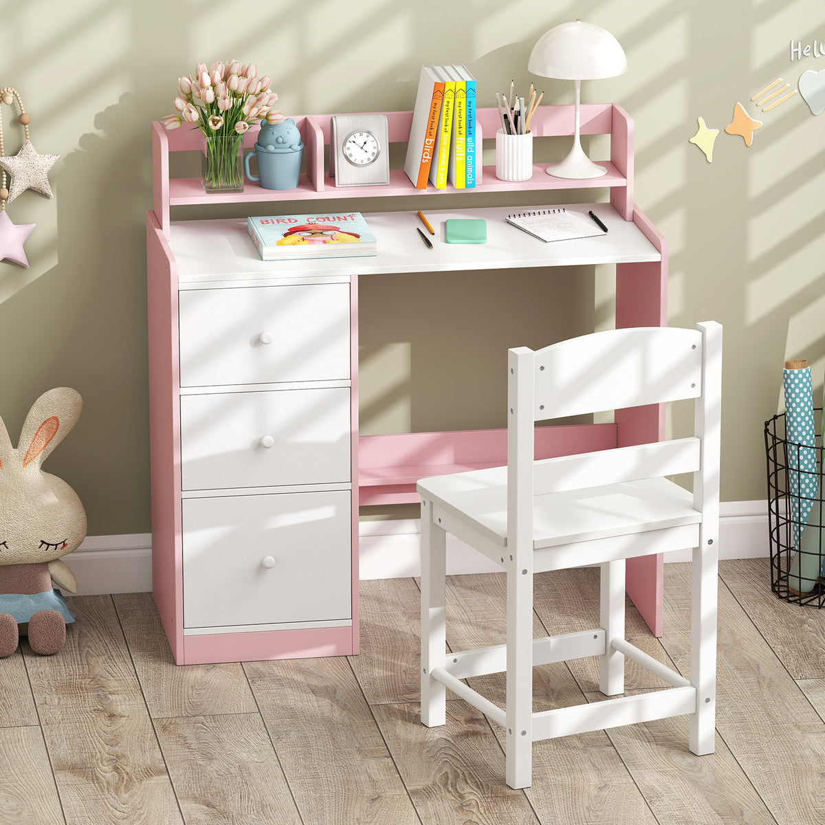 Kids Study Desk and Chair Set Wooden Children Writing Desk with Hutch-Pink