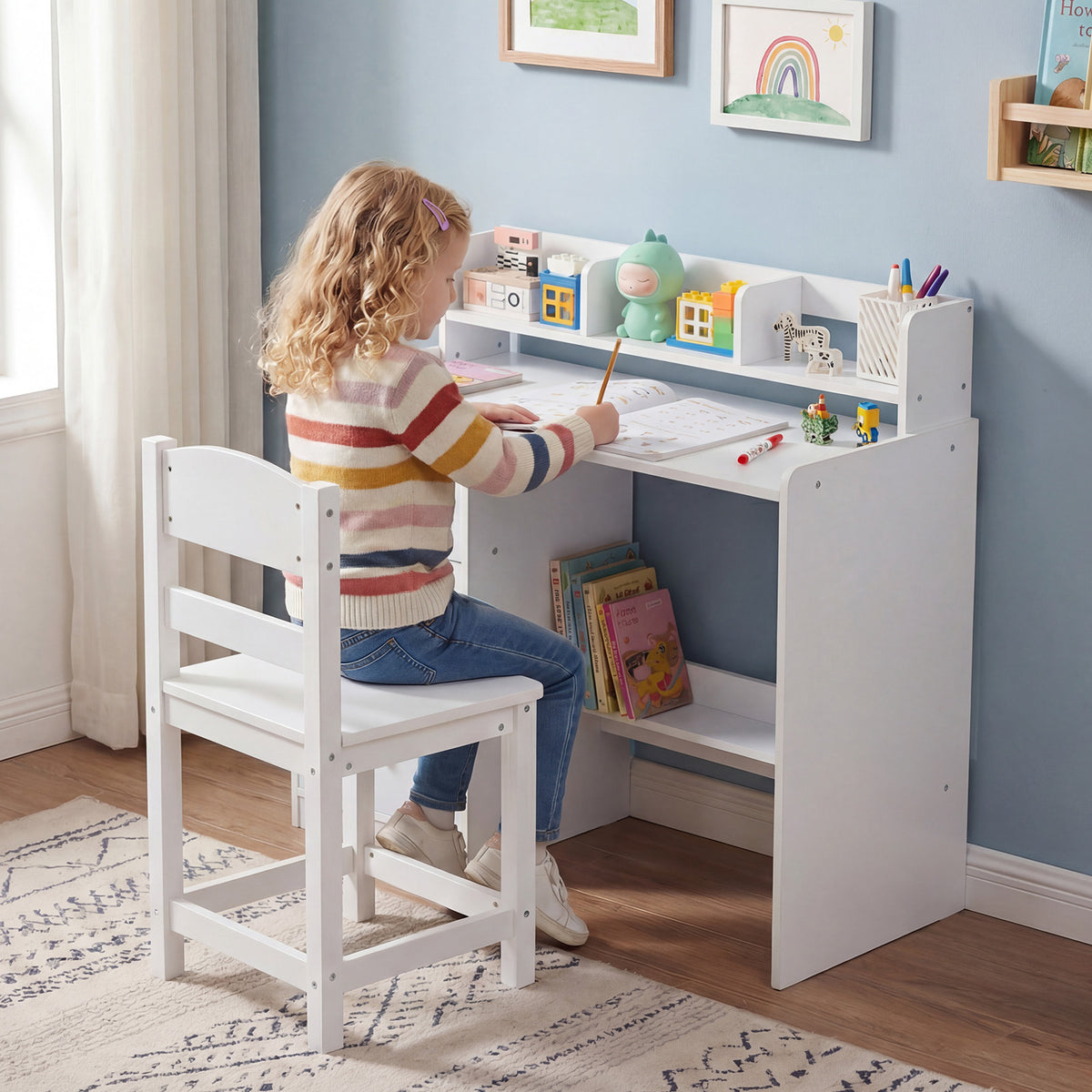 Kids Study Desk and Chair Set Wooden Children Writing Desk with Hutch-White