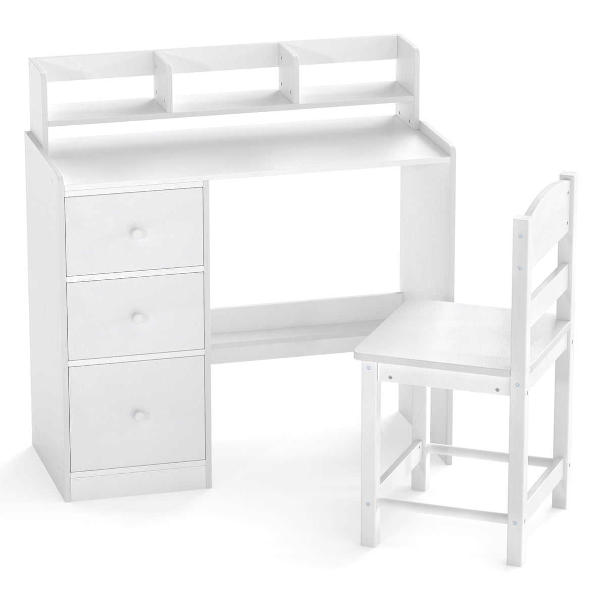 Kids Study Desk and Chair Set Wooden Children Writing Desk with Hutch-White