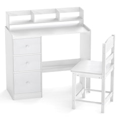 Kids Study Desk and Chair Set Wooden Children Writing Desk with Hutch-White