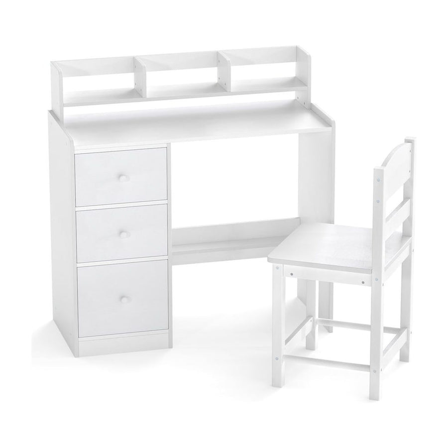 Kids Study Desk and Chair Set Wooden Children Writing Desk with Hutch-White