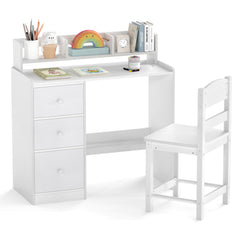 Kids Study Desk and Chair Set Wooden Children Writing Desk with Hutch-White
