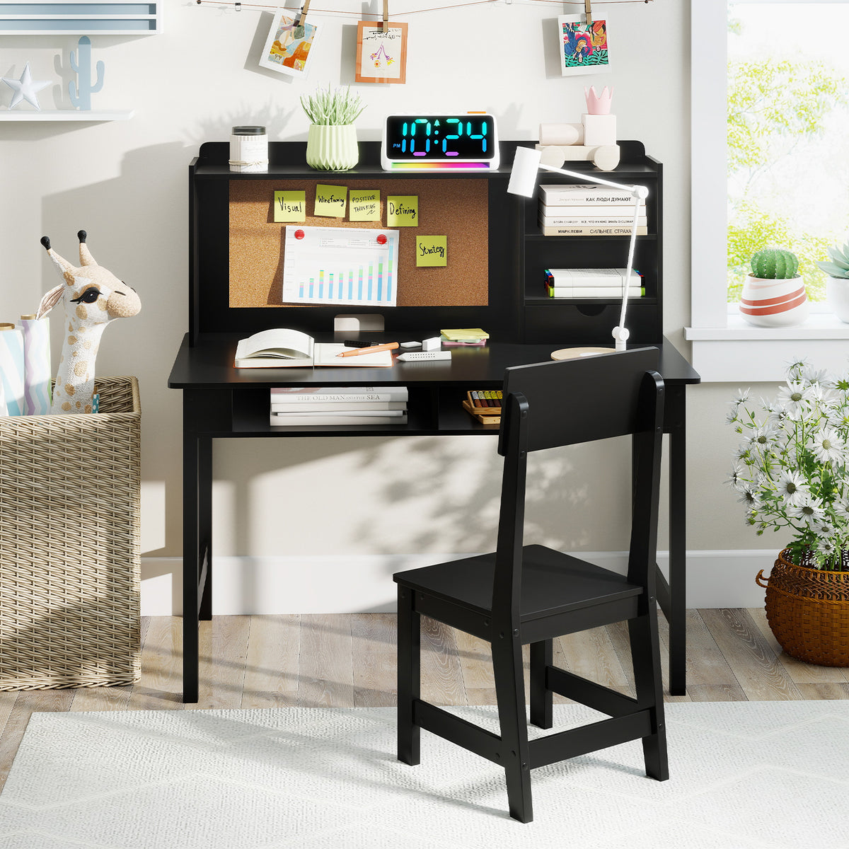 Kids Study Desk and Chair Set Wooden Students Writing Table-Black