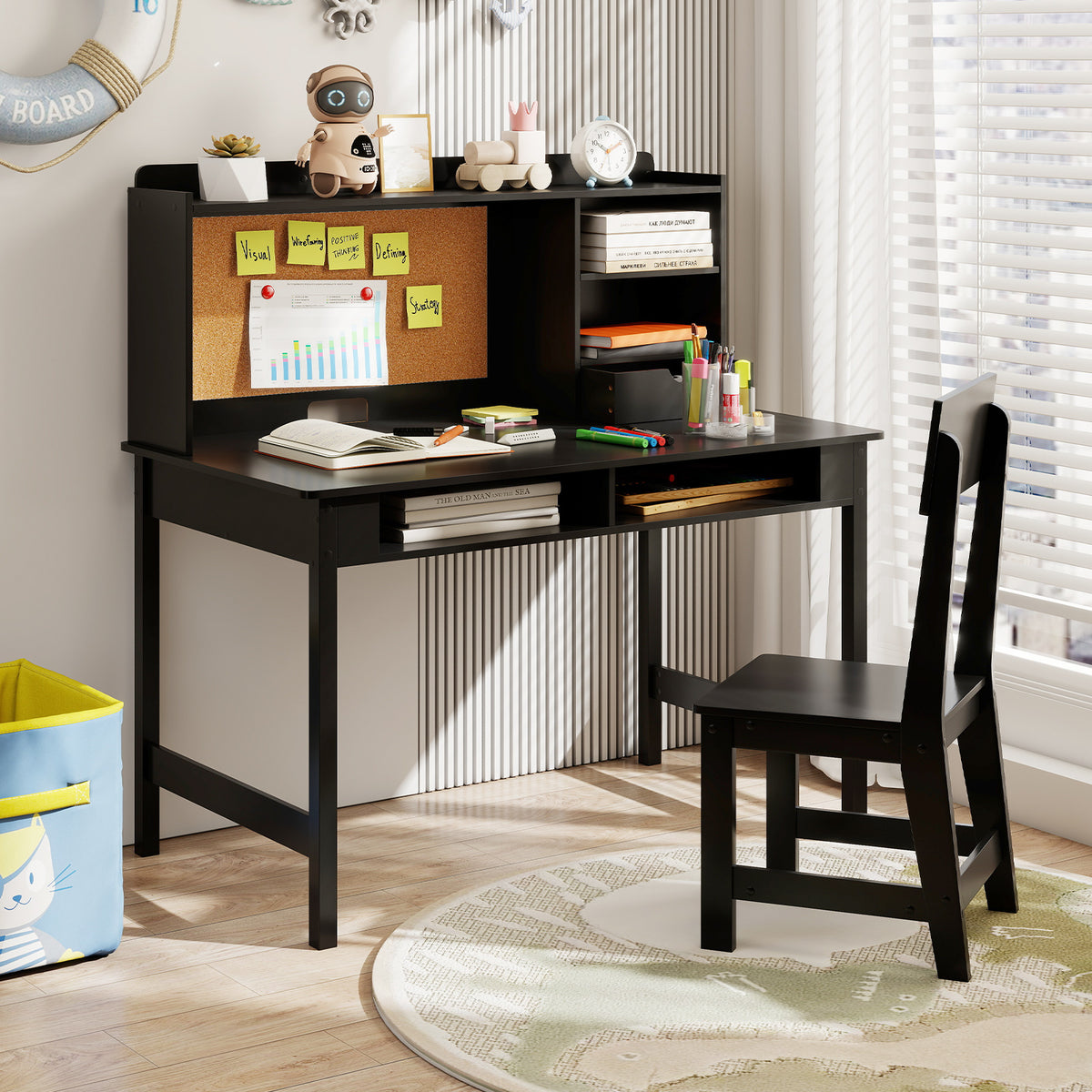 Kids Study Desk and Chair Set Wooden Students Writing Table-Black