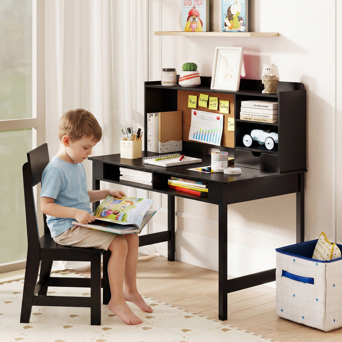 Kids Study Desk and Chair Set Wooden Students Writing Table-Black