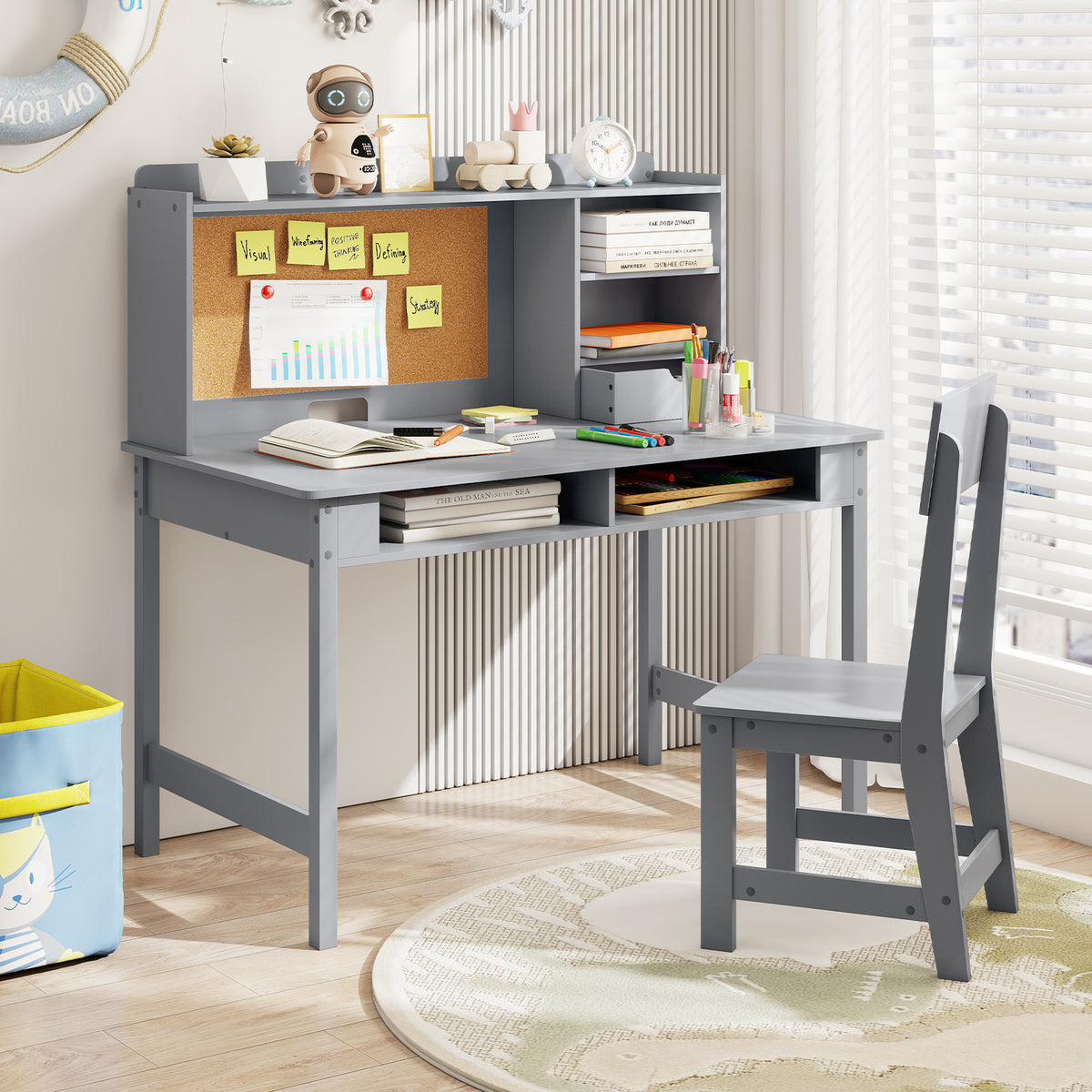Kids Study Desk and Chair Set Wooden Students Writing Table-Grey