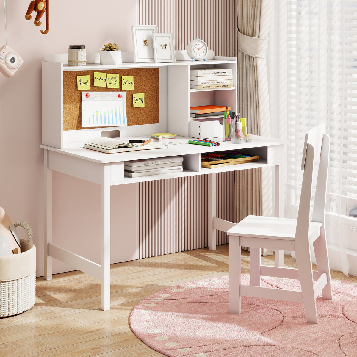 Kids Study Desk and Chair Set Wooden Students Writing Table-White