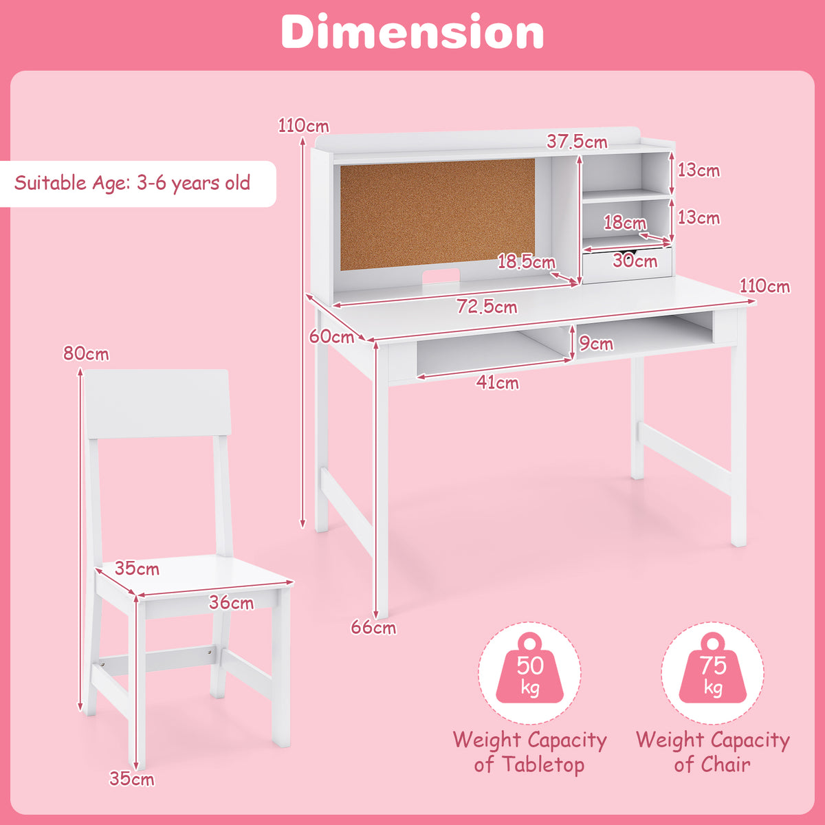 Kids Study Desk and Chair Set Wooden Students Writing Table-White