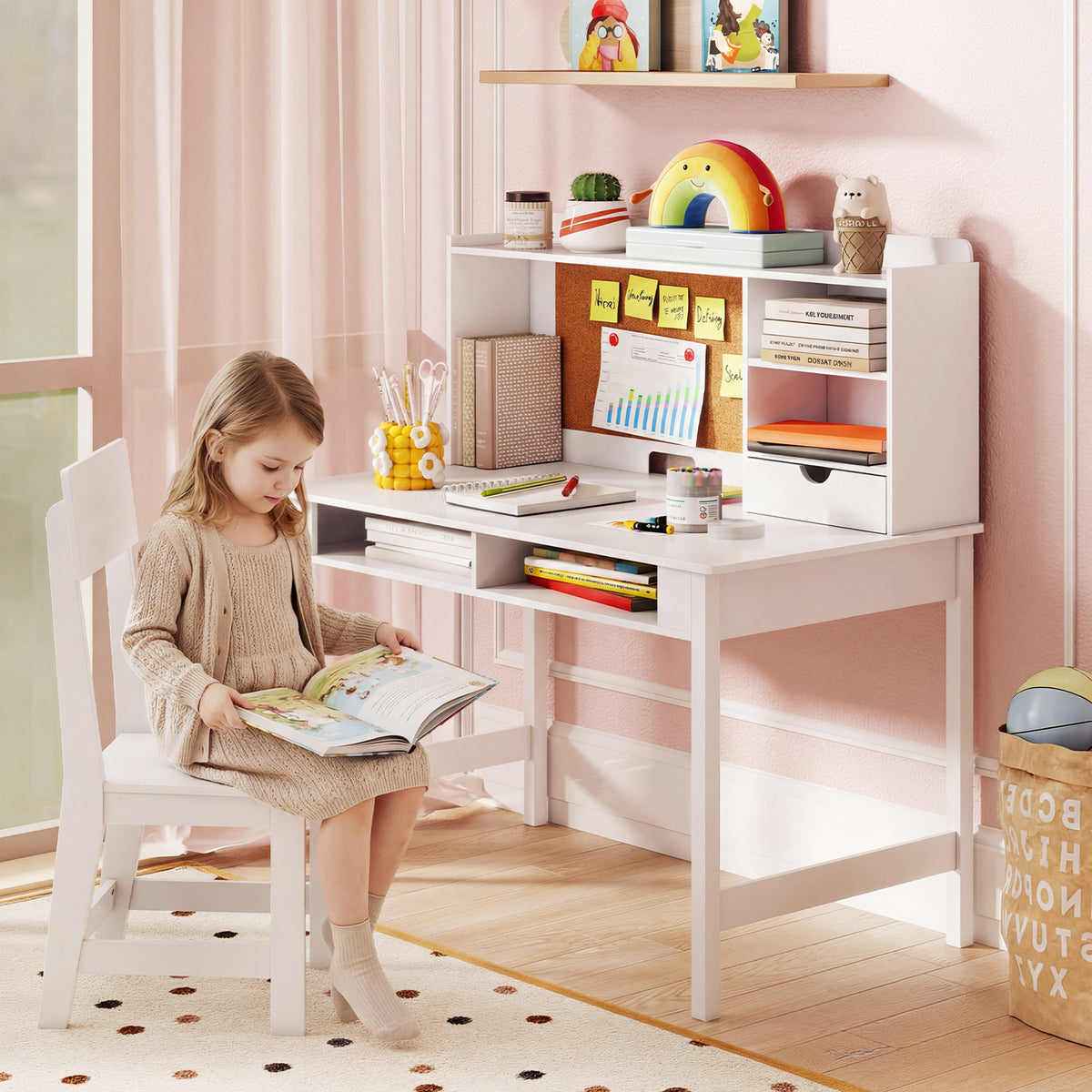 Kids Study Desk and Chair Set Wooden Students Writing Table-White