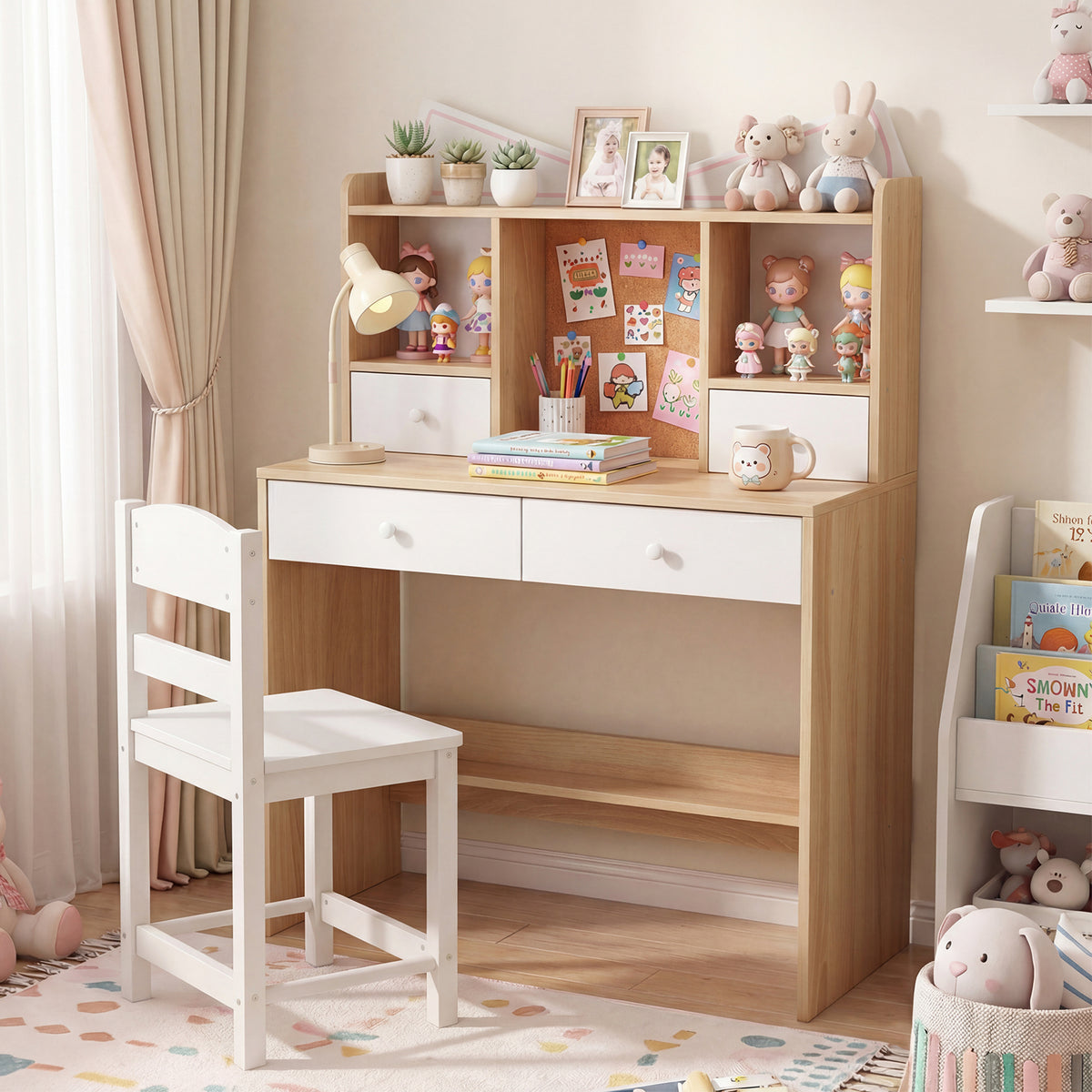 Kids Study Desk and Chair Set with Open Shelves and Cork Bulletin Board-Natural