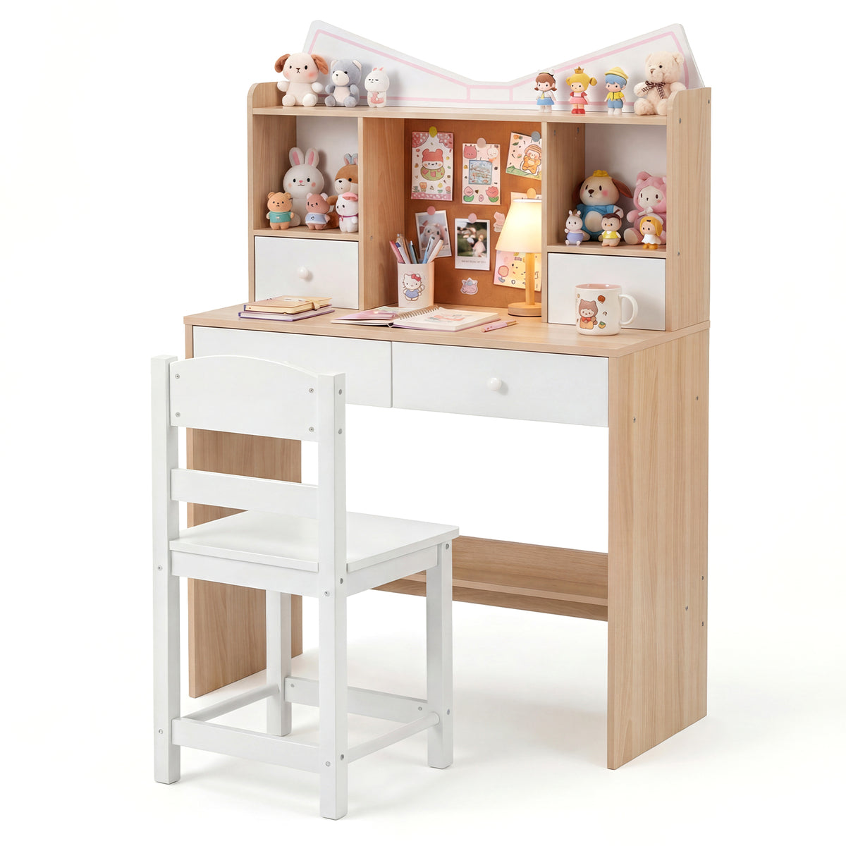 Kids Study Desk and Chair Set with Open Shelves and Cork Bulletin Board-Natural