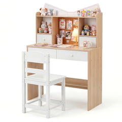 Kids Study Desk and Chair Set with Open Shelves and Cork Bulletin Board-Natural