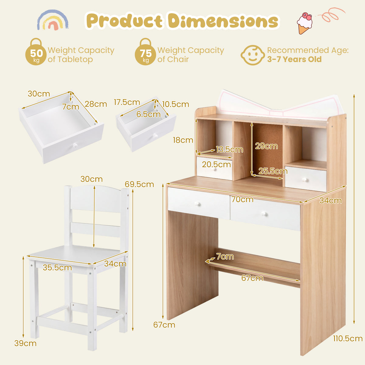 Kids Study Desk and Chair Set with Open Shelves and Cork Bulletin Board-Natural