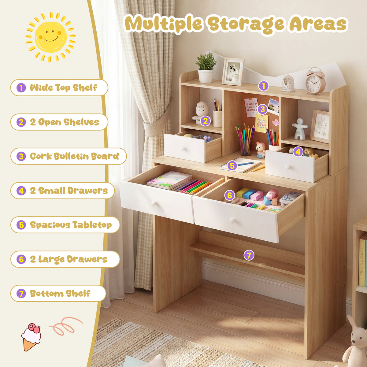 Kids Study Desk and Chair Set with Open Shelves and Cork Bulletin Board-Natural