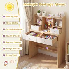 Kids Study Desk and Chair Set with Open Shelves and Cork Bulletin Board-Natural