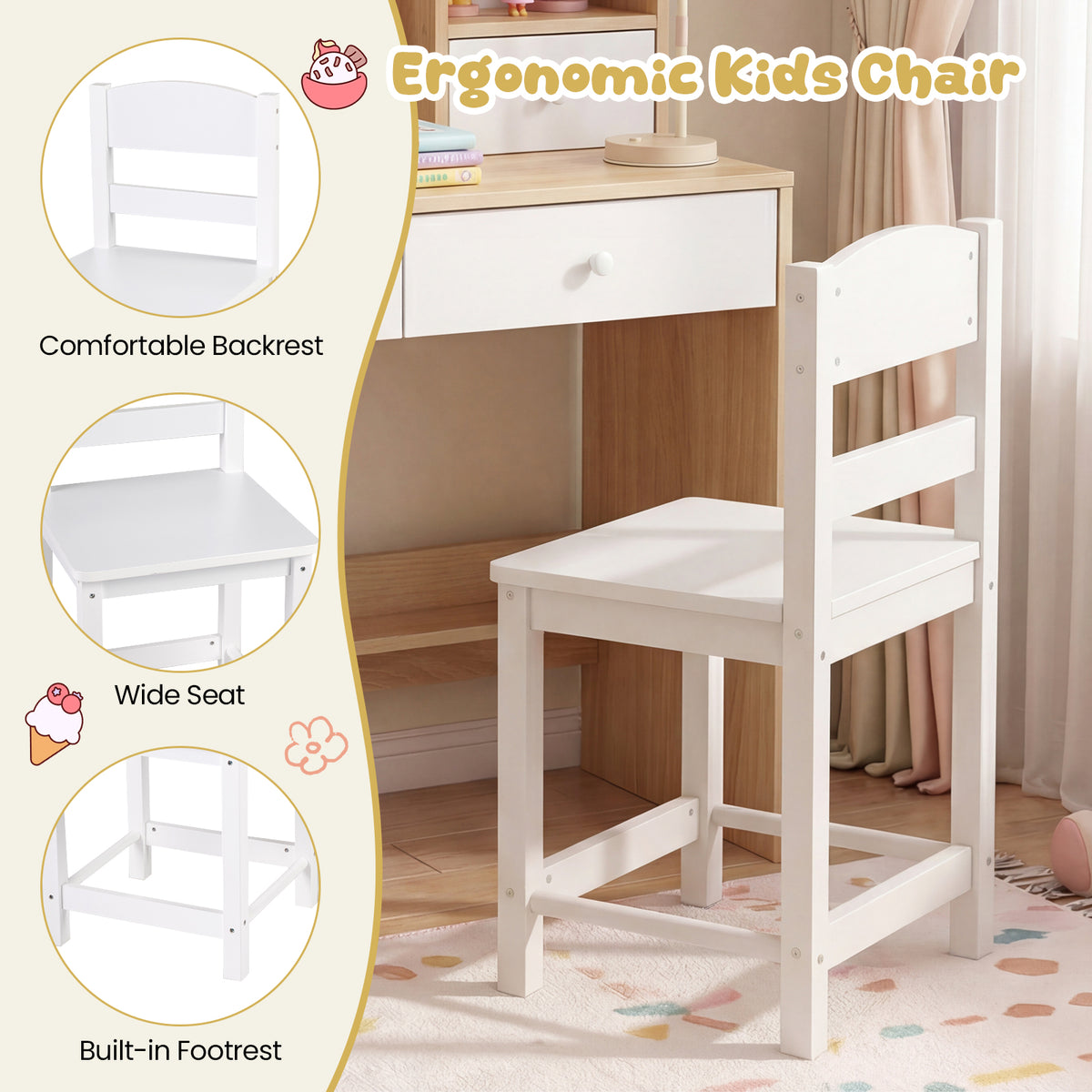 Kids Study Desk and Chair Set with Open Shelves and Cork Bulletin Board-Natural