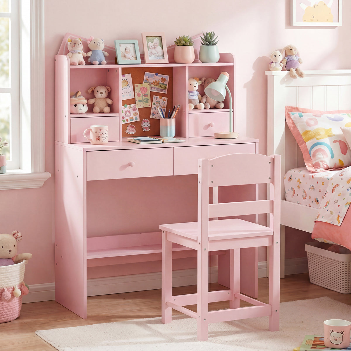 Kids Study Desk and Chair Set with Open Shelves and Cork Bulletin Board-Pink