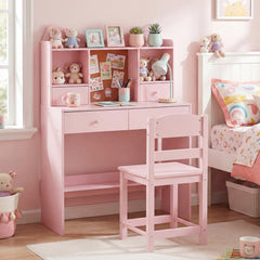 Kids Study Desk and Chair Set with Open Shelves and Cork Bulletin Board-Pink