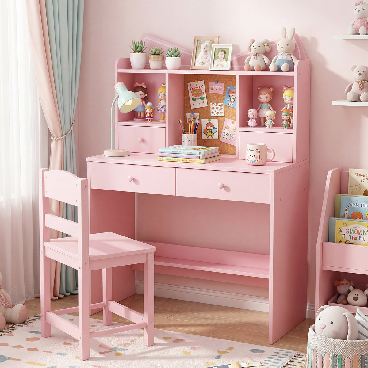 Kids Study Desk and Chair Set with Open Shelves and Cork Bulletin Board-Pink