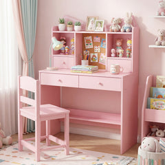 Kids Study Desk and Chair Set with Open Shelves and Cork Bulletin Board-Pink