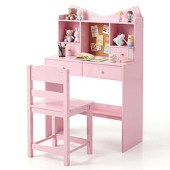 Kids Study Desk and Chair Set with Open Shelves and Cork Bulletin Board-Pink