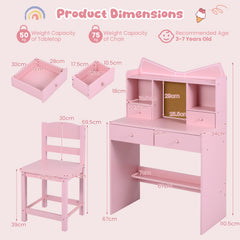 Kids Study Desk and Chair Set with Open Shelves and Cork Bulletin Board-Pink
