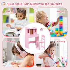 Kids Study Desk and Chair Set with Open Shelves and Cork Bulletin Board-Pink