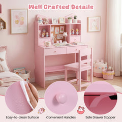 Kids Study Desk and Chair Set with Open Shelves and Cork Bulletin Board-Pink