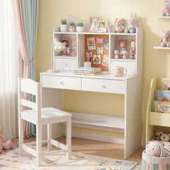 Kids Study Desk and Chair Set with Open Shelves and Cork Bulletin Board-White