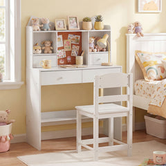 Kids Study Desk and Chair Set with Open Shelves and Cork Bulletin Board-White