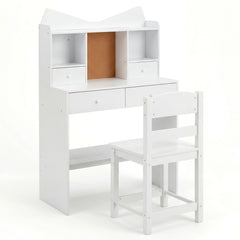 Kids Study Desk and Chair Set with Open Shelves and Cork Bulletin Board-White