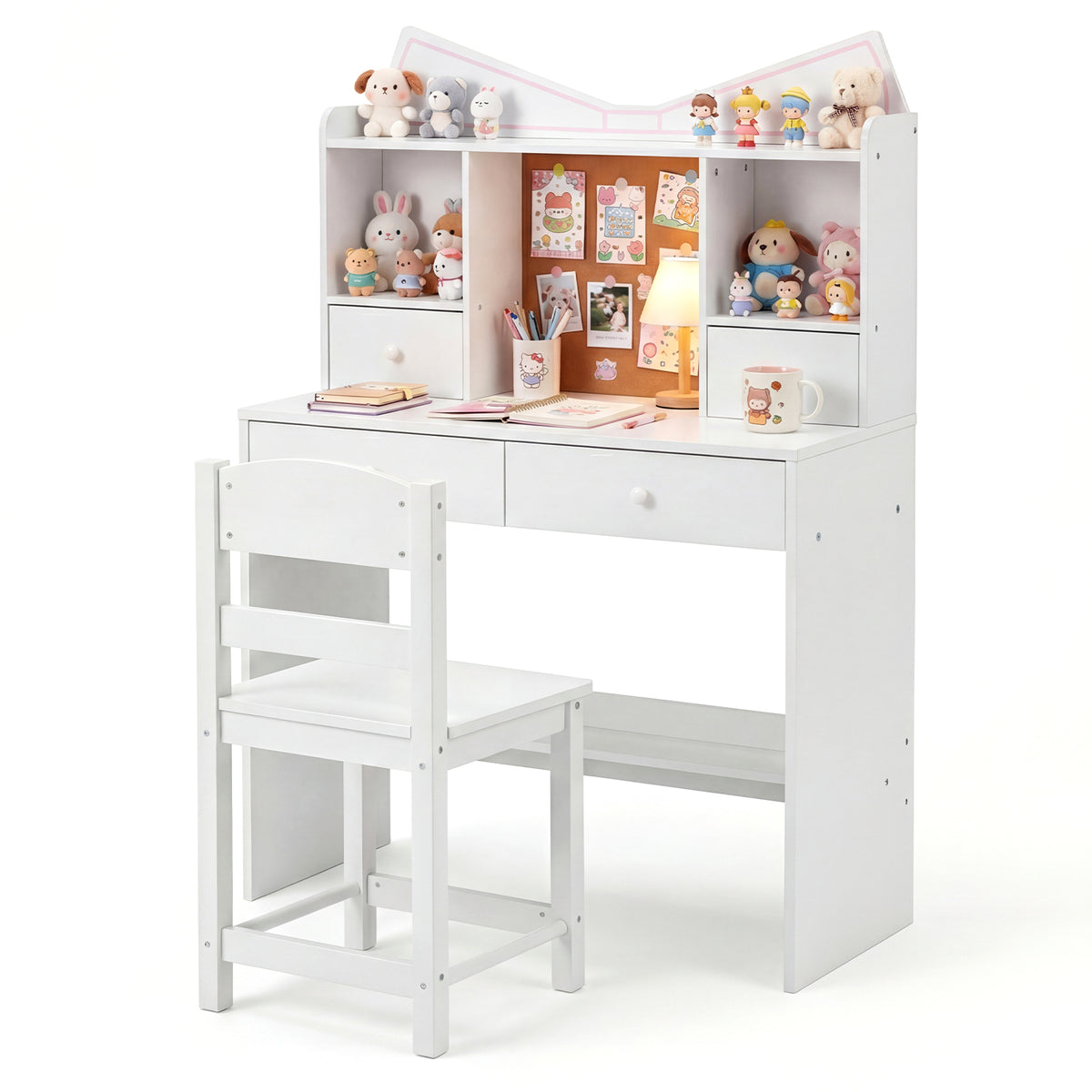 Kids Study Desk and Chair Set with Open Shelves and Cork Bulletin Board-White